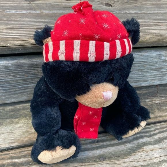 DAN DEE VINTAGE HOLIDAY BLACK BEAR PLUSH RED HAT - Picture 4 of 7